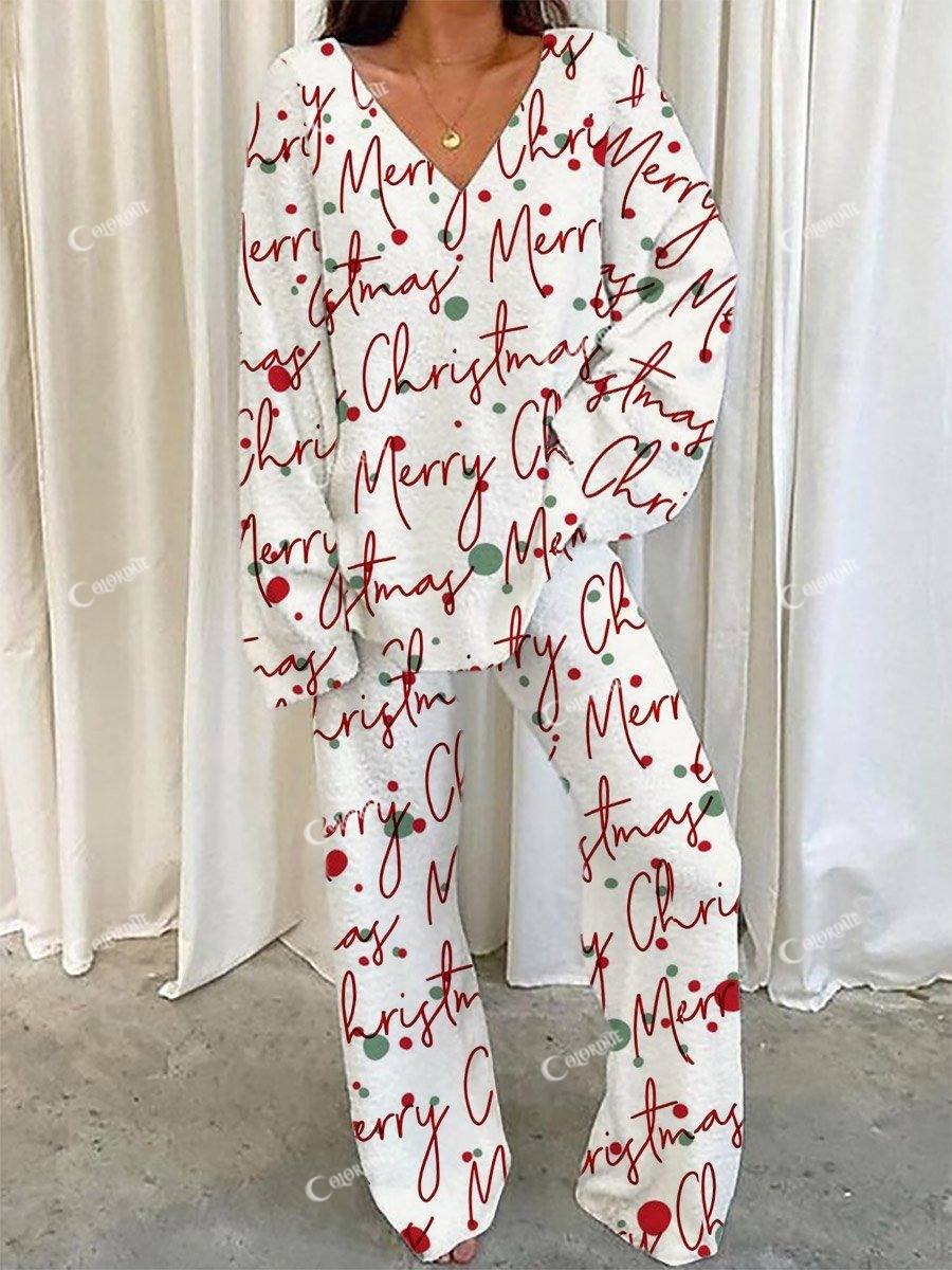 Women's Christmas Art Painting Printed Home Long Sleeve Suit