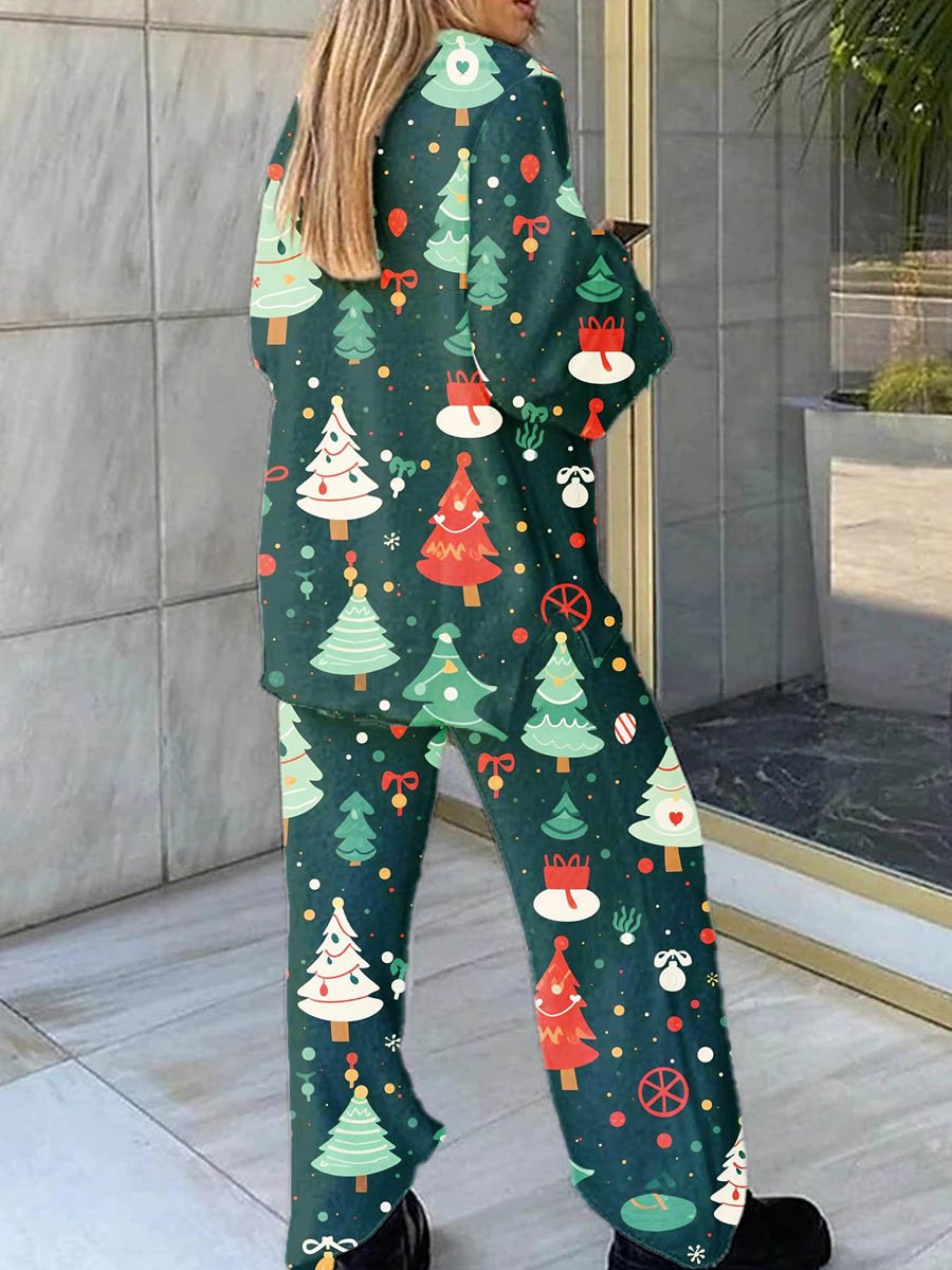 Women's Christmas Colorful Fun Christmas Tree Pattern V-Neck Long Sleeve Pants Set