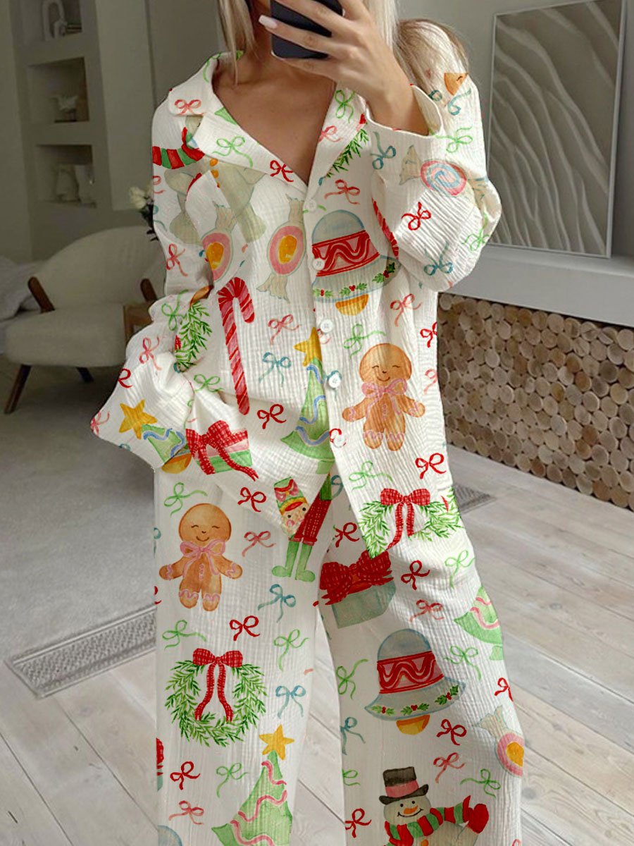 Women's Watercolor Bow Christmas Print Linen Cotton Cardigan Set