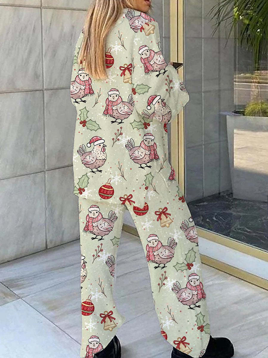 Women's Christmas Chick Bell Print V-Neck Suit