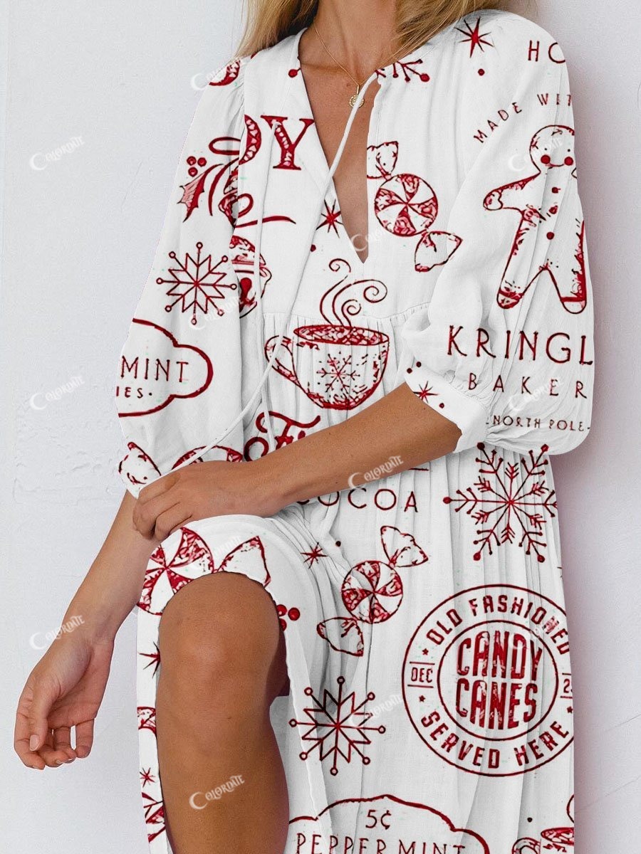 Women's Retro Christmas Element Print Long Sleeve Dress