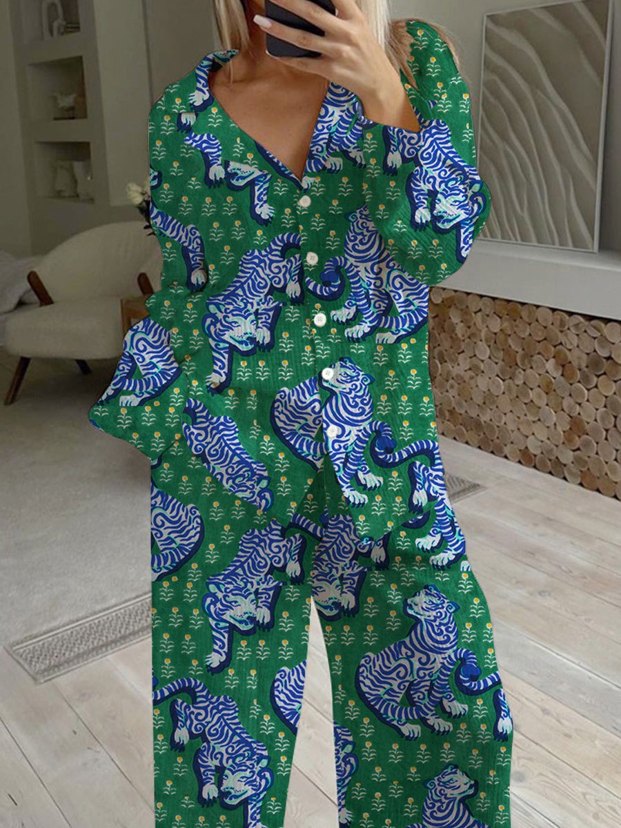 Women's Artistic Hand-Painted Leopard Pattern Long Sleeve Pants Set