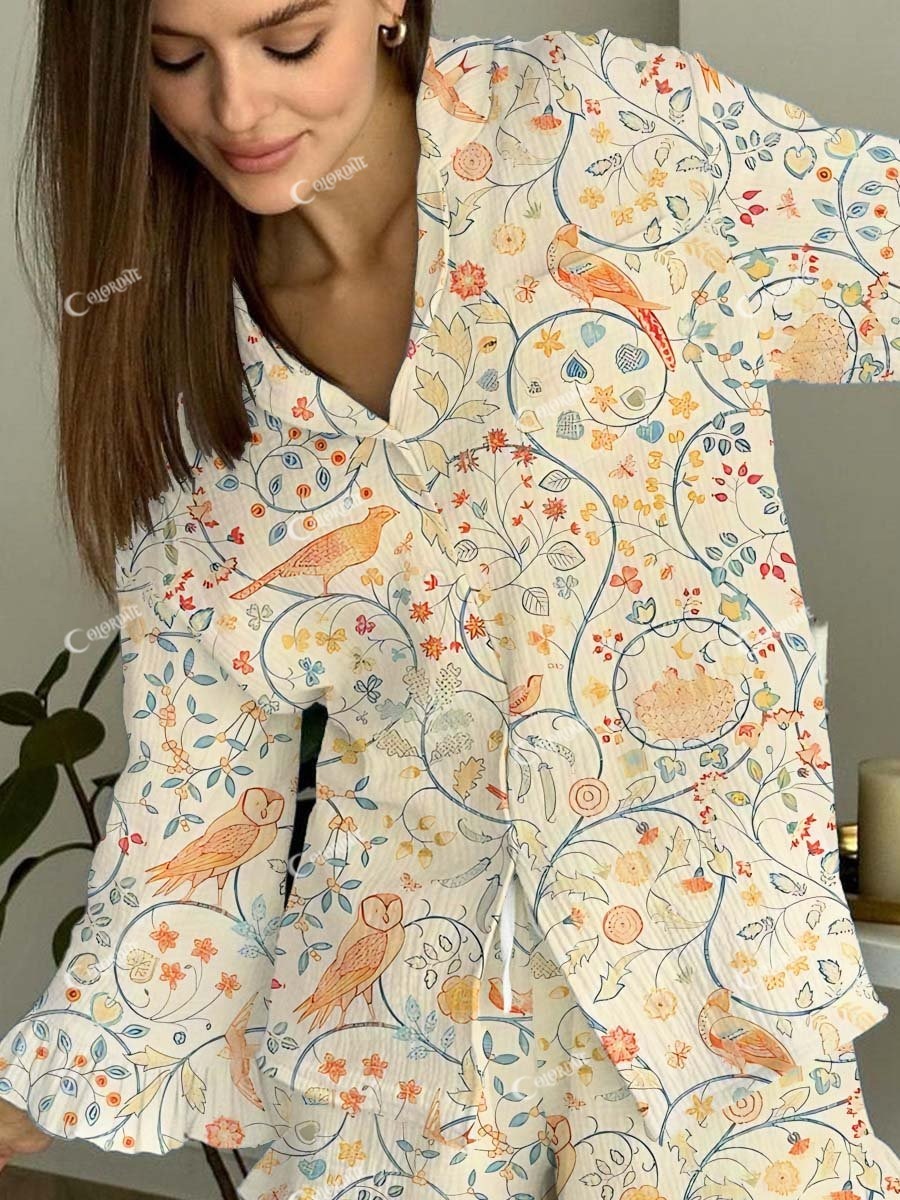 Women's Floral Bohemian Print Ruffle Loungewear Set