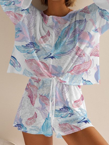 Women's Blue Feather Long Sleeve Shorts Set