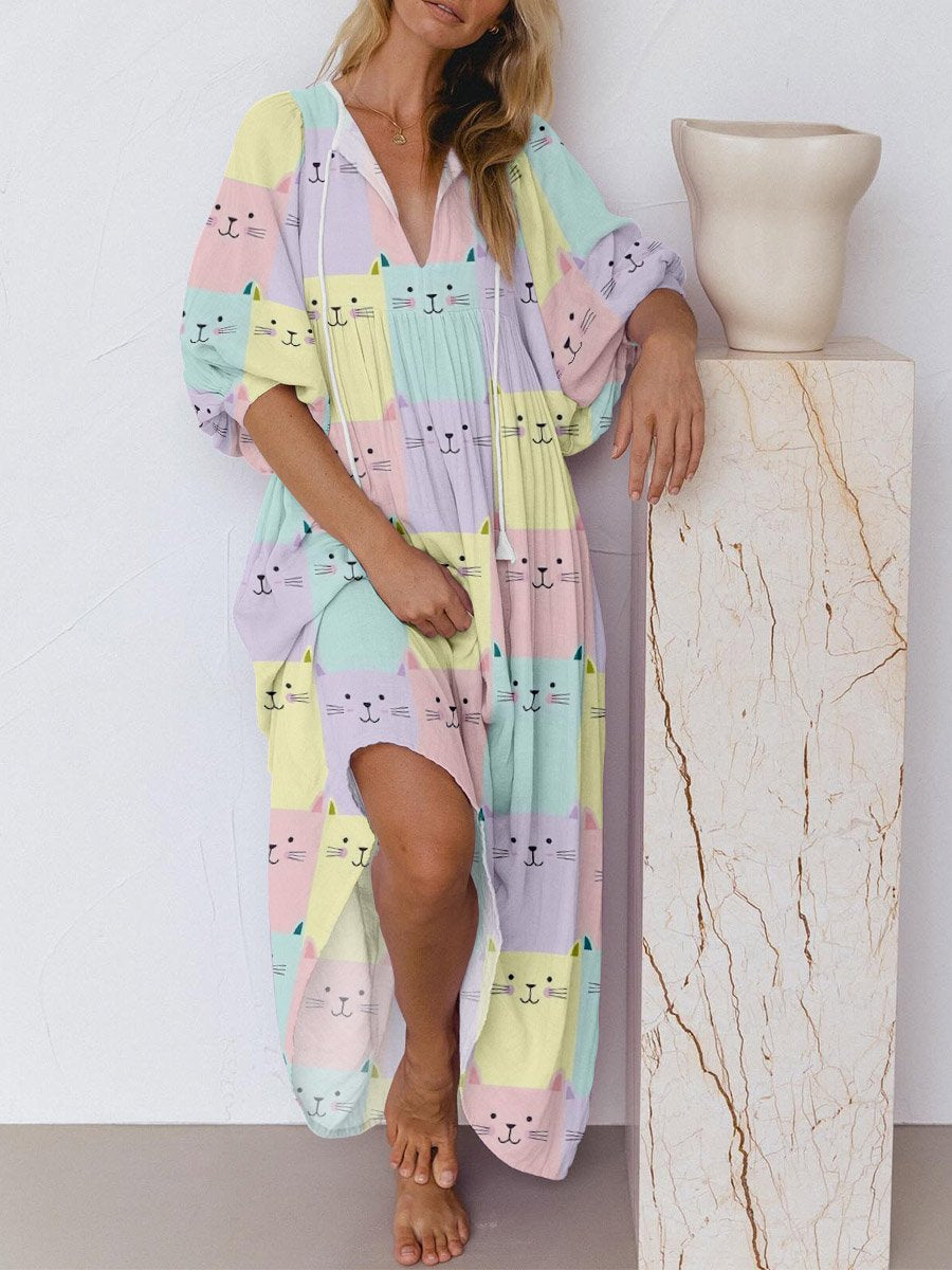 Women's Multicolor Cute Cat Plaid Print Long Sleeve Dress