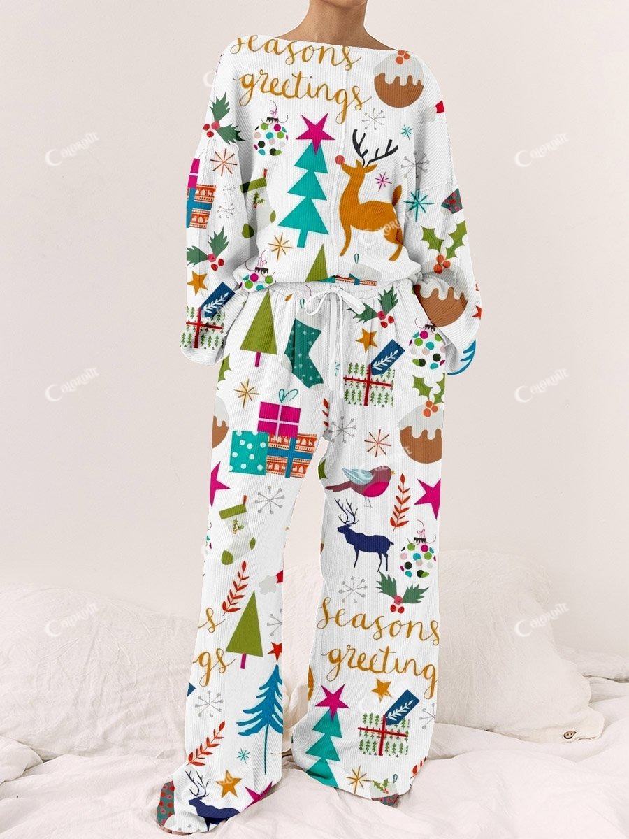 Women's Christmas Graffiti Print Round Neck Linen Cotton Suit