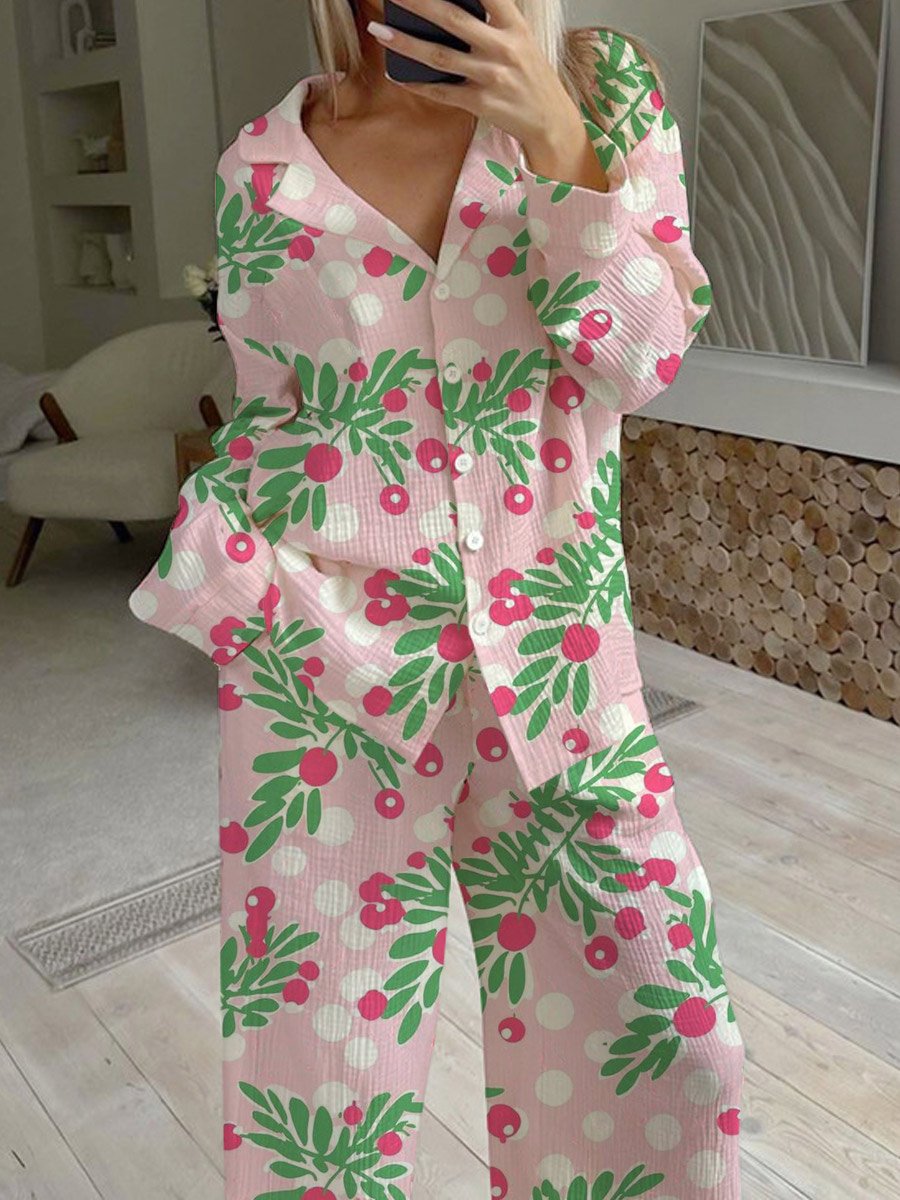 Women's Christmas Holly Pattern Long Sleeve Pant Set