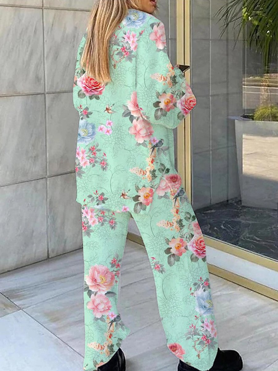 Women's Blue Artistic Floral Printed Lounge Long Sleeve Suit