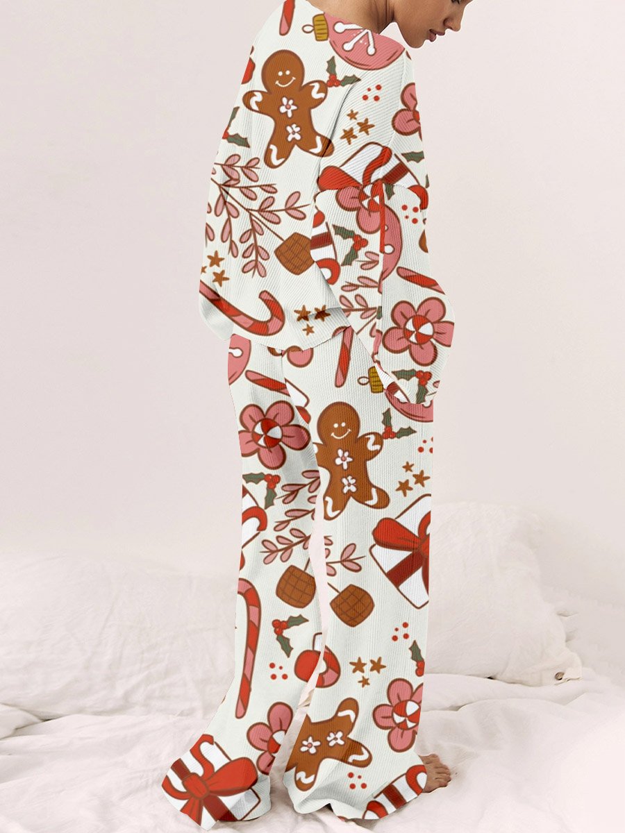Women's Christmas Gingerbread Man Graffiti Print Round Neck Linen Cotton Suit