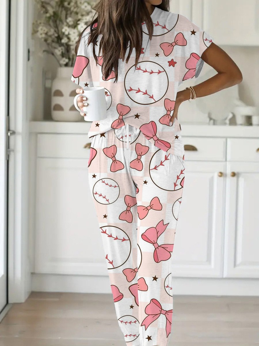 Women's Ball Bow Pattern Short Sleeve Pants Set