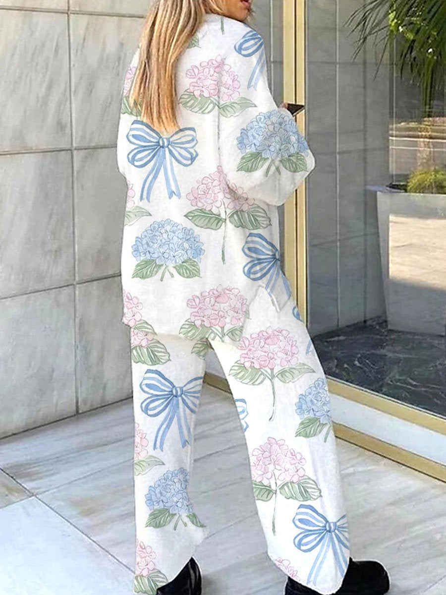 Women's Blue Bow Pink Hydrangea Light Cotton Pajama Set