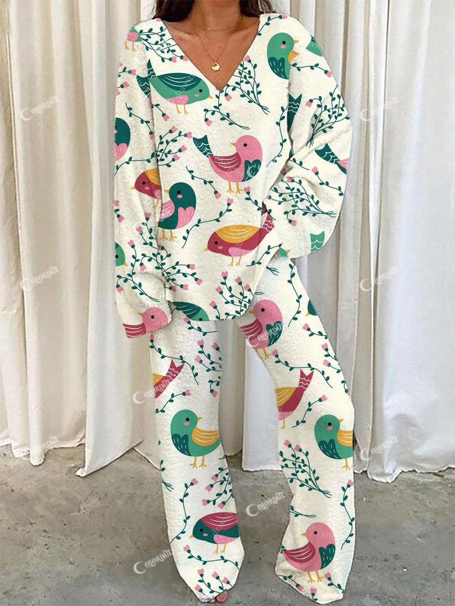 Women's Bird Plant Pattern Pajama Set