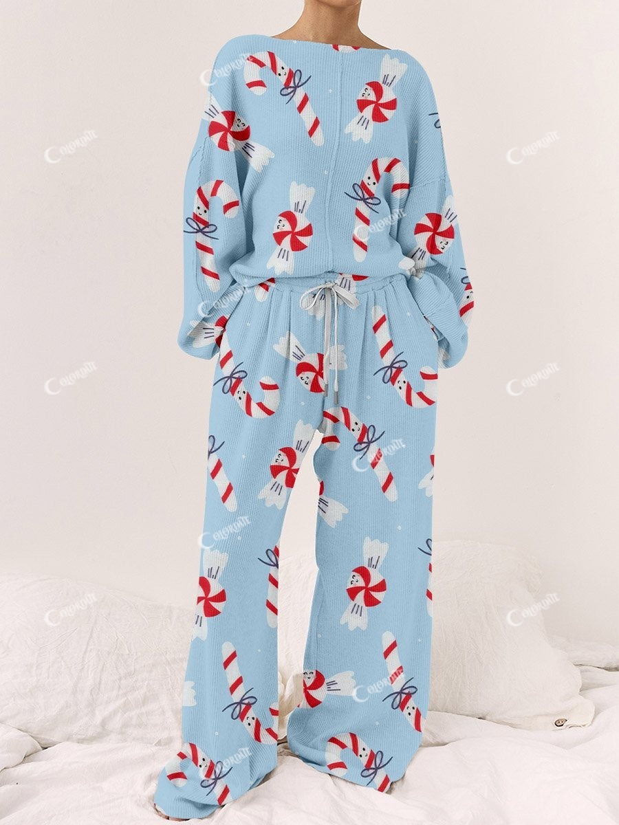 Women's Blue Christmas Candy Print Round Neck Linen Cotton Suit
