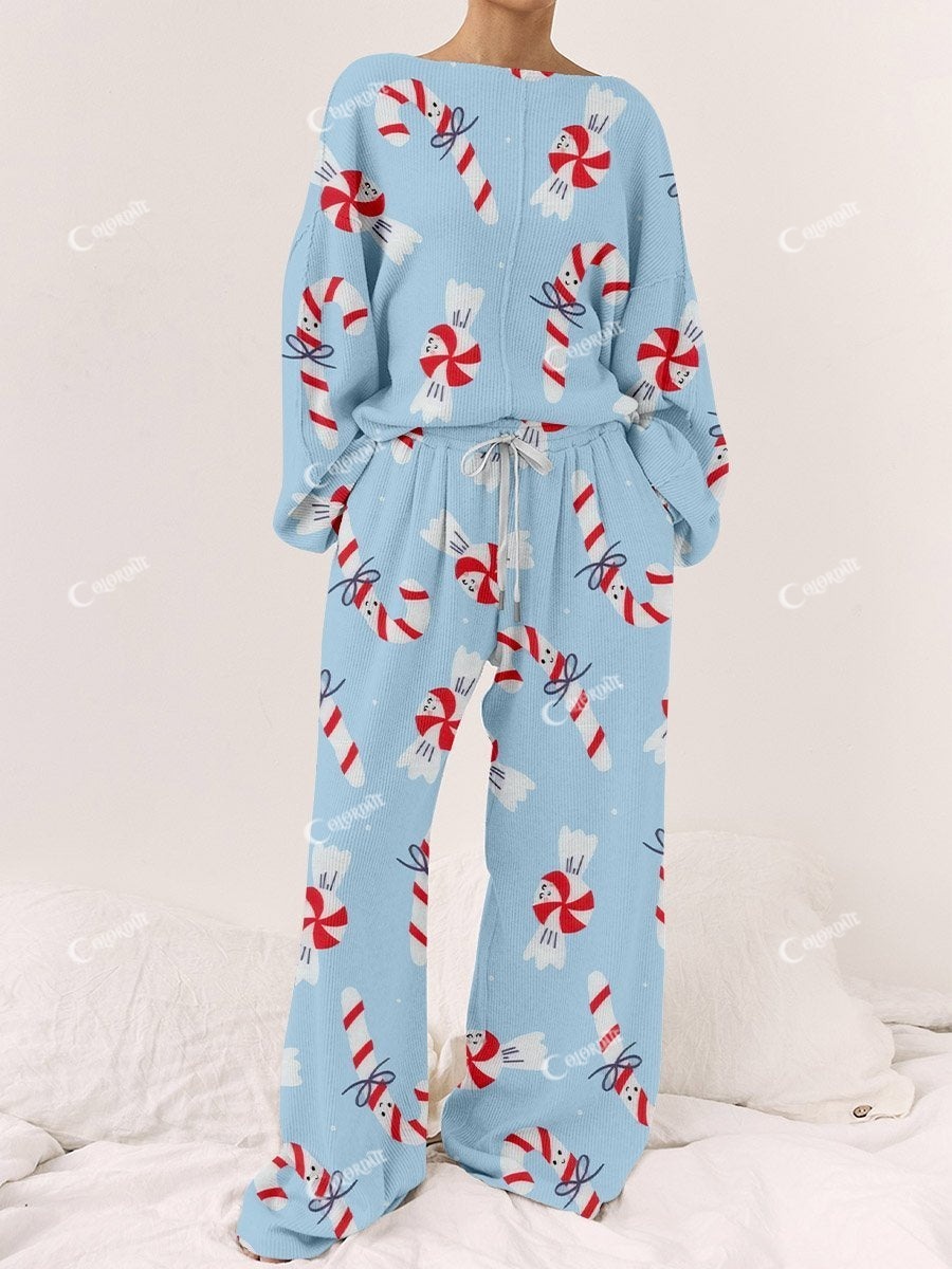 Women's Blue Christmas Candy Print Round Neck Linen Cotton Suit