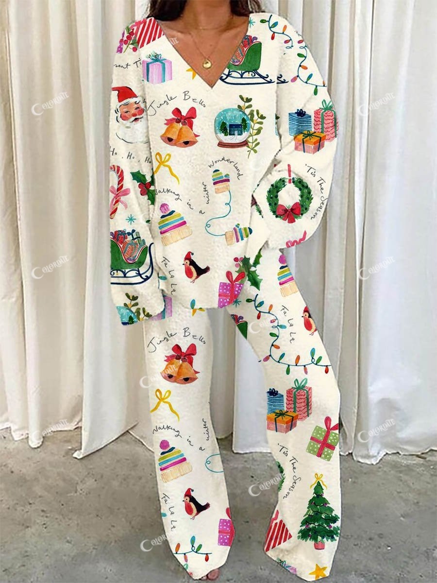Women's Christmas Christmas Atmosphere Pattern Long Sleeve V-Neck Suit