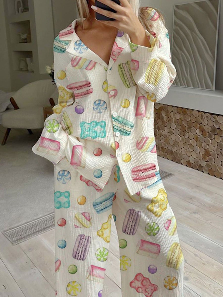 Women's Macaron Dessert Pattern Long Sleeve Pants Set