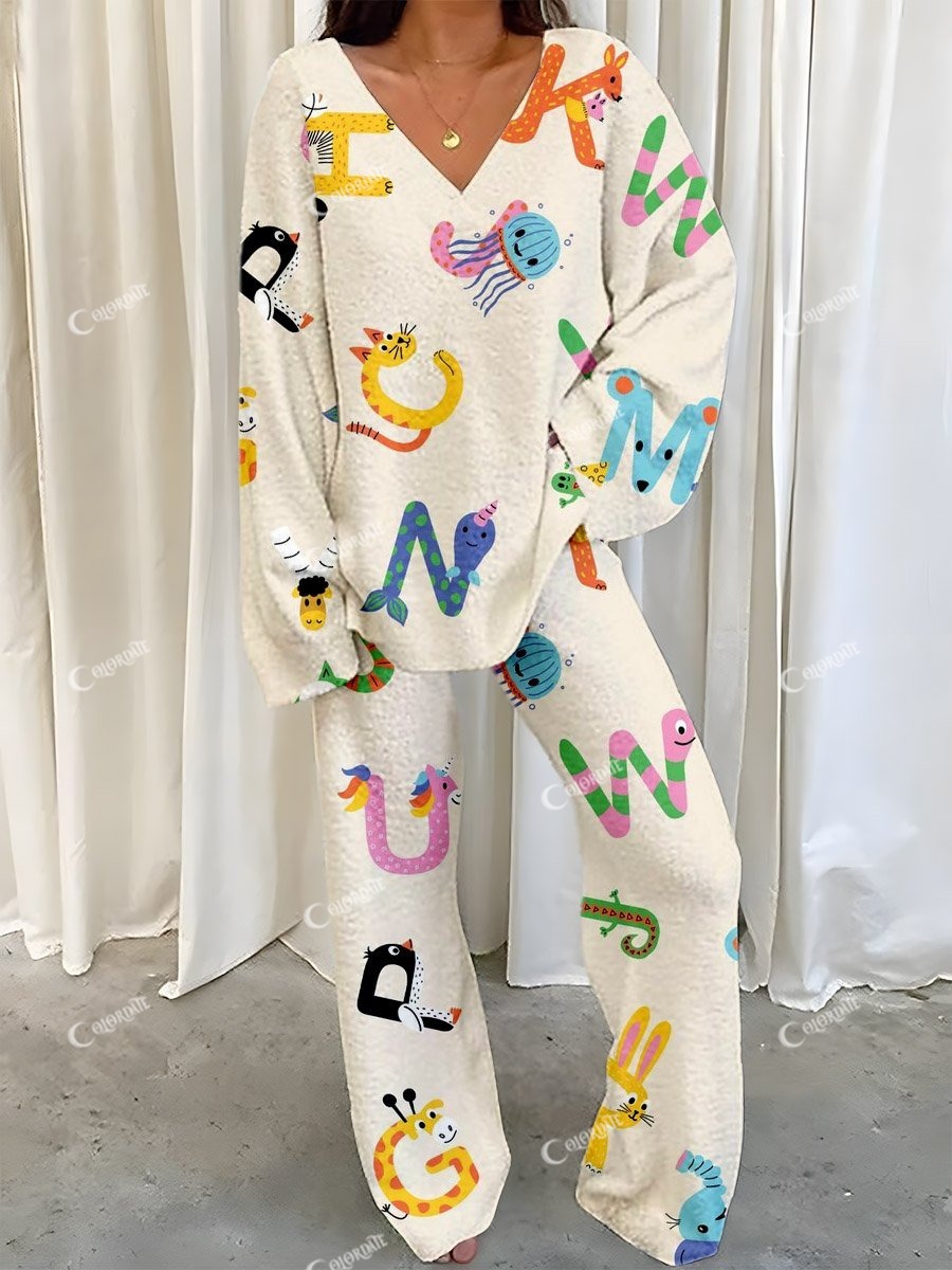 Women's Simple Alphabet Animal Print Polar Fleece Suit