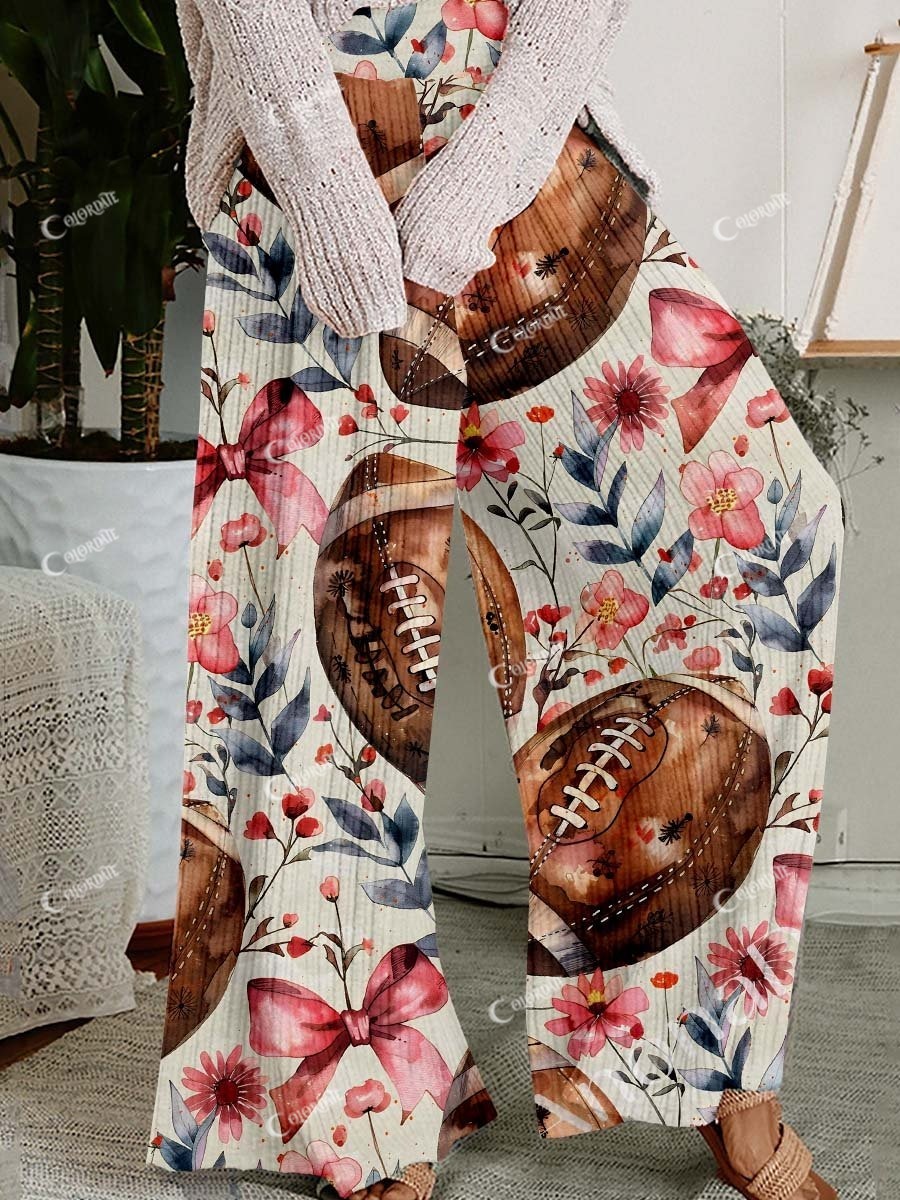 Women's Football Bow Floral Print Cotton Casual Pants