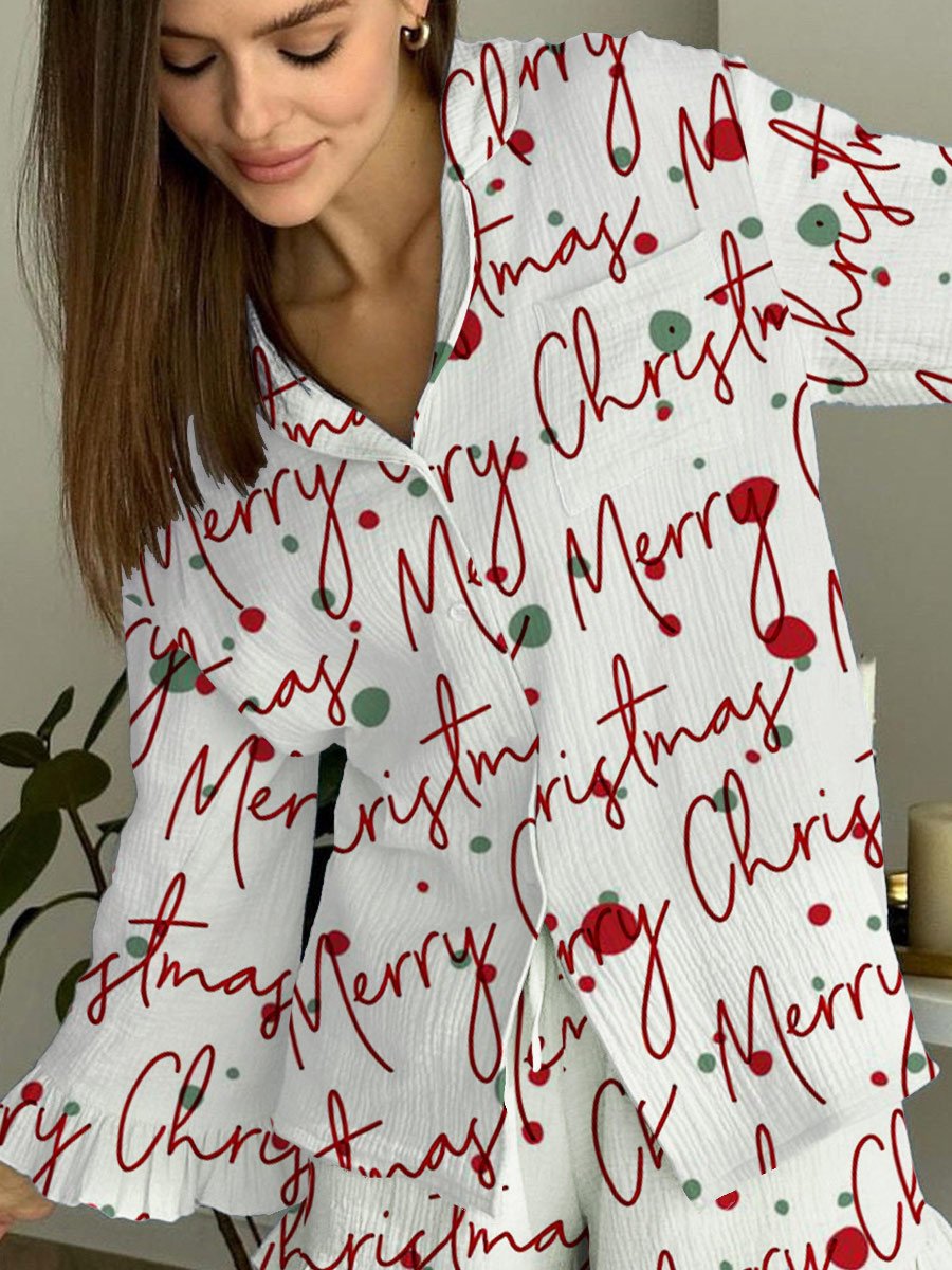Women's Christmas Art Painting Printed Home Long Sleeve Suit