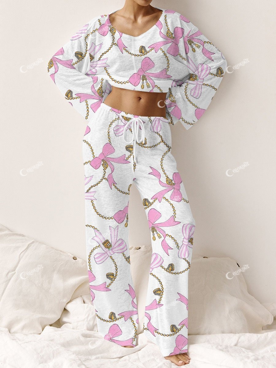 Women's Chain Bow Print Casual Linen Cotton Set