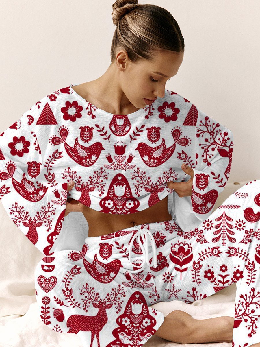 Women's Christmas Elk Pattern Long Sleeve Pants Suit