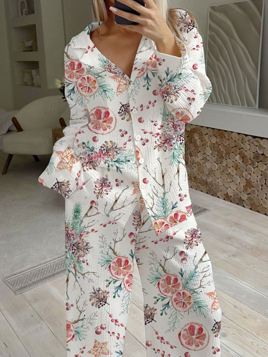 Women's Christmas Orange Pine Cone Print Loose Homewear Set