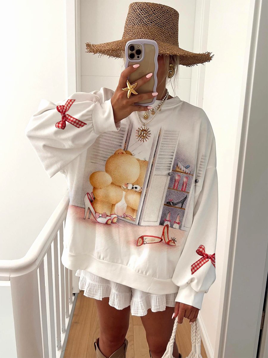 Women's Bear Bowknot Fun Print Home Long Sleeve Sweater
