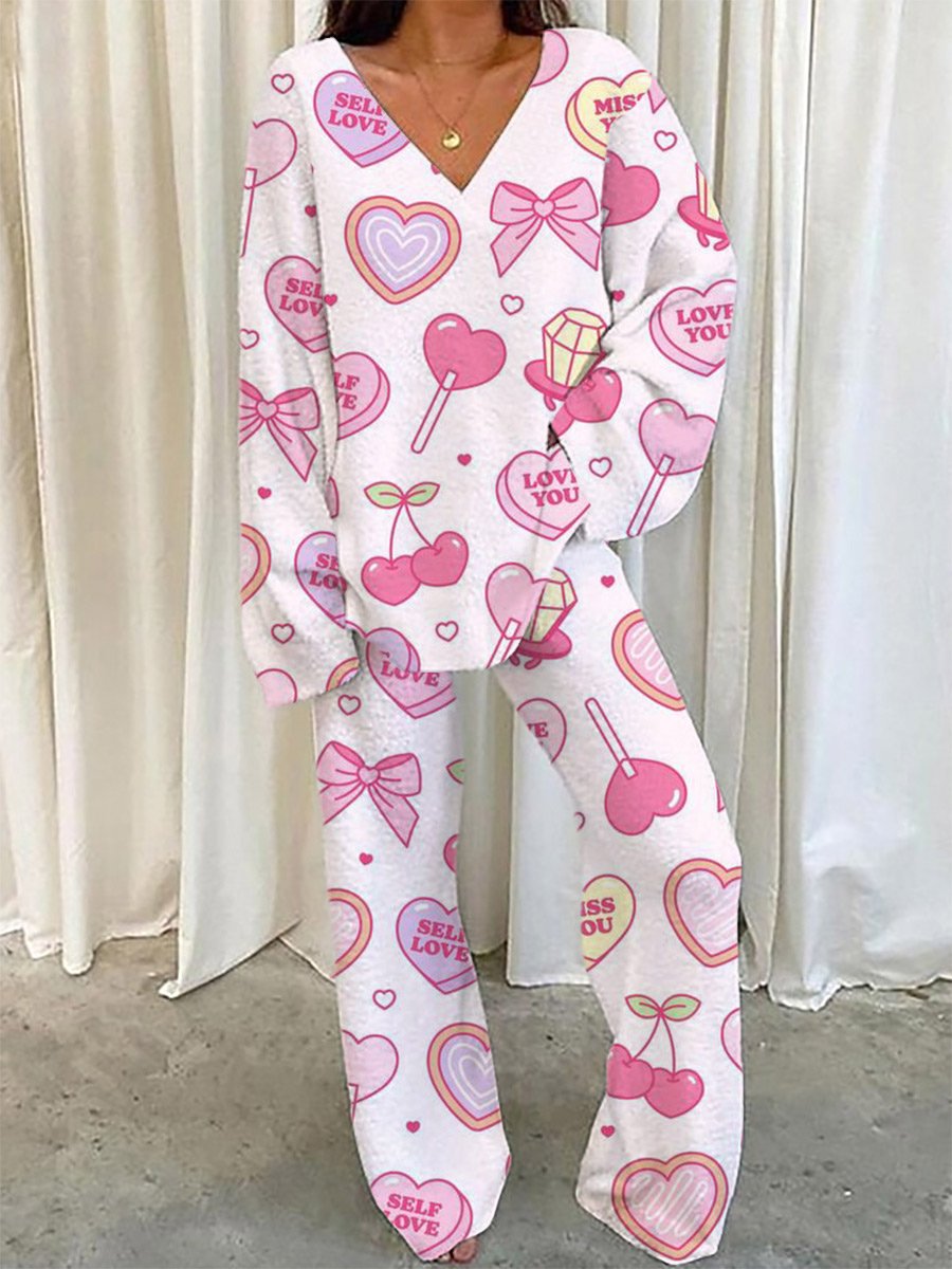 Women's Valentine's Day Cute Heart Bow Pattern V-Neck Long Sleeve Pants Suit