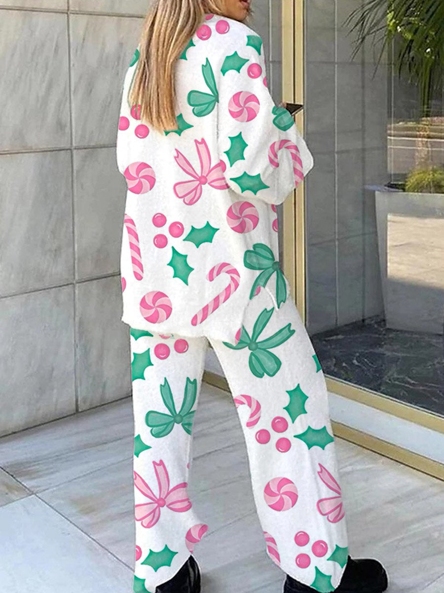 Women's Christmas Bow Candy Cane Print Casual Polar Fleece Set