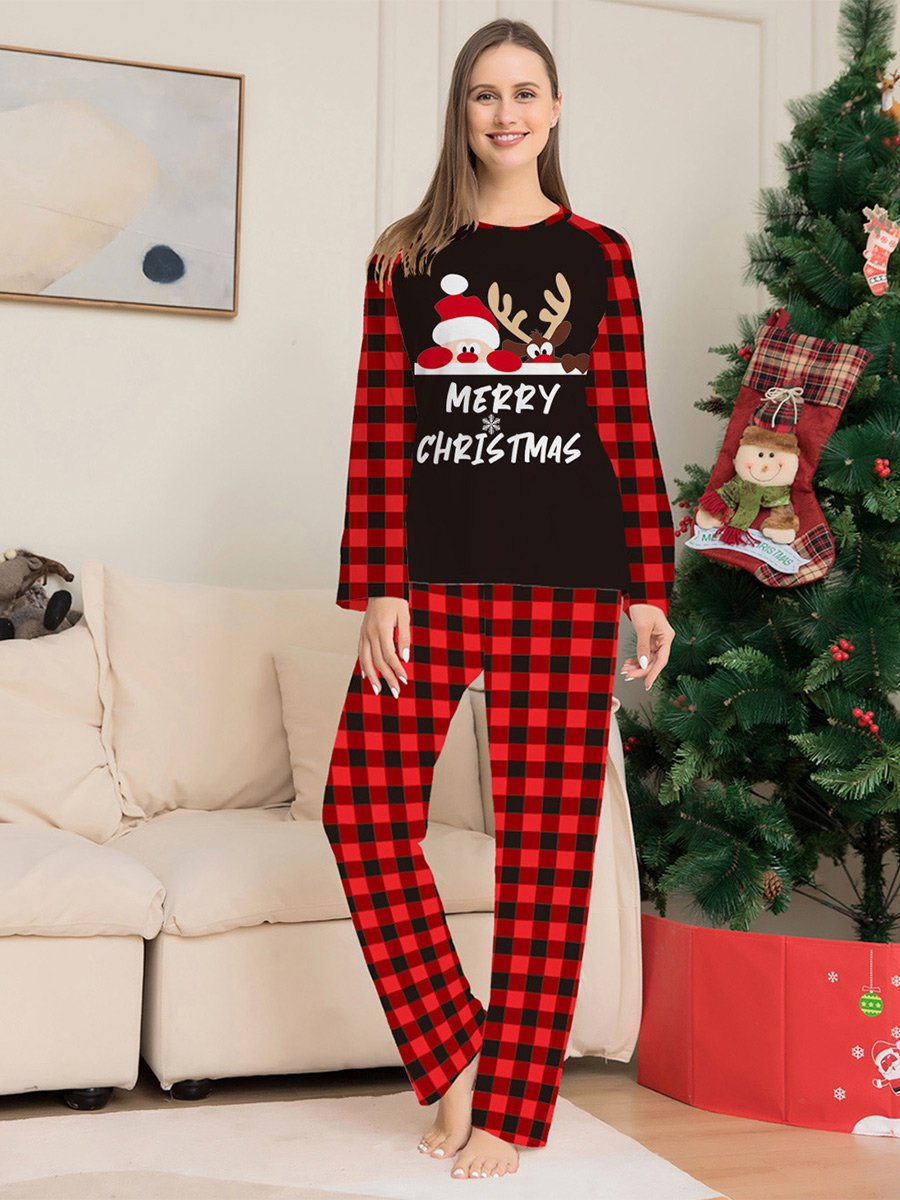 Christmas Letter Plaid Printed Family Home Clothes Pajamas Set