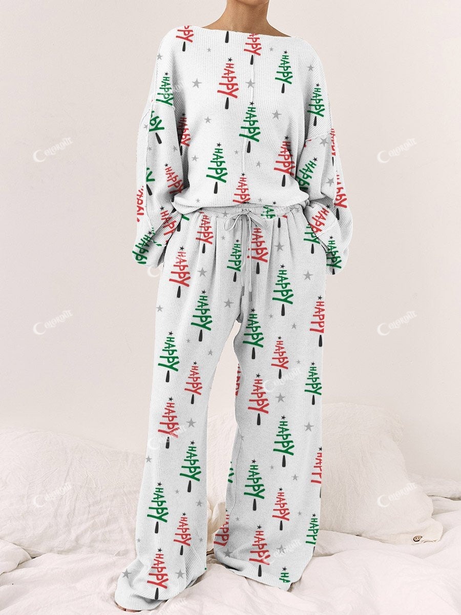 Women's Creative Christmas Tree Text Printed Linen Cotton Suit