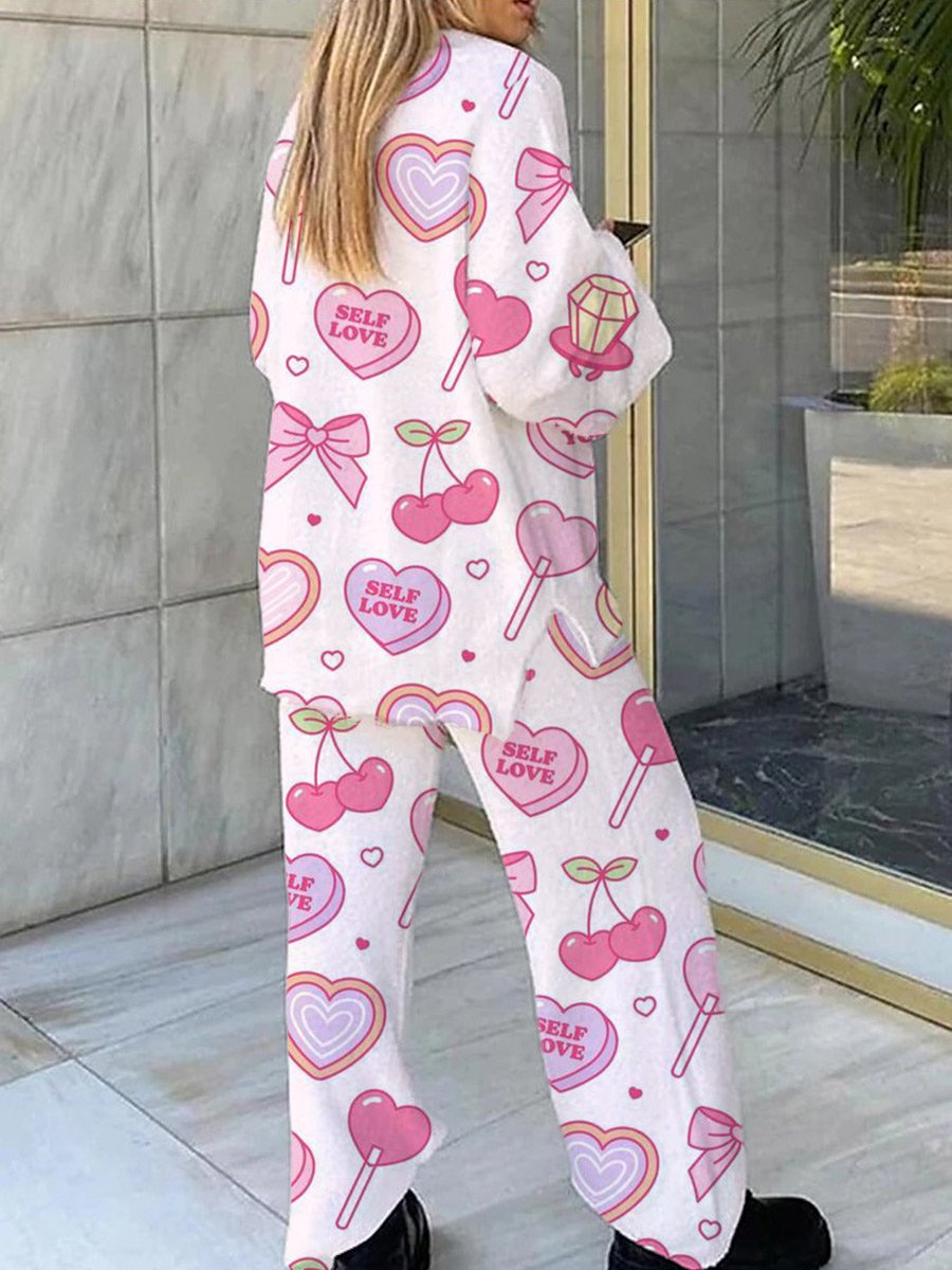 Women's Valentine's Day Cute Heart Bow Pattern V-Neck Long Sleeve Pants Suit