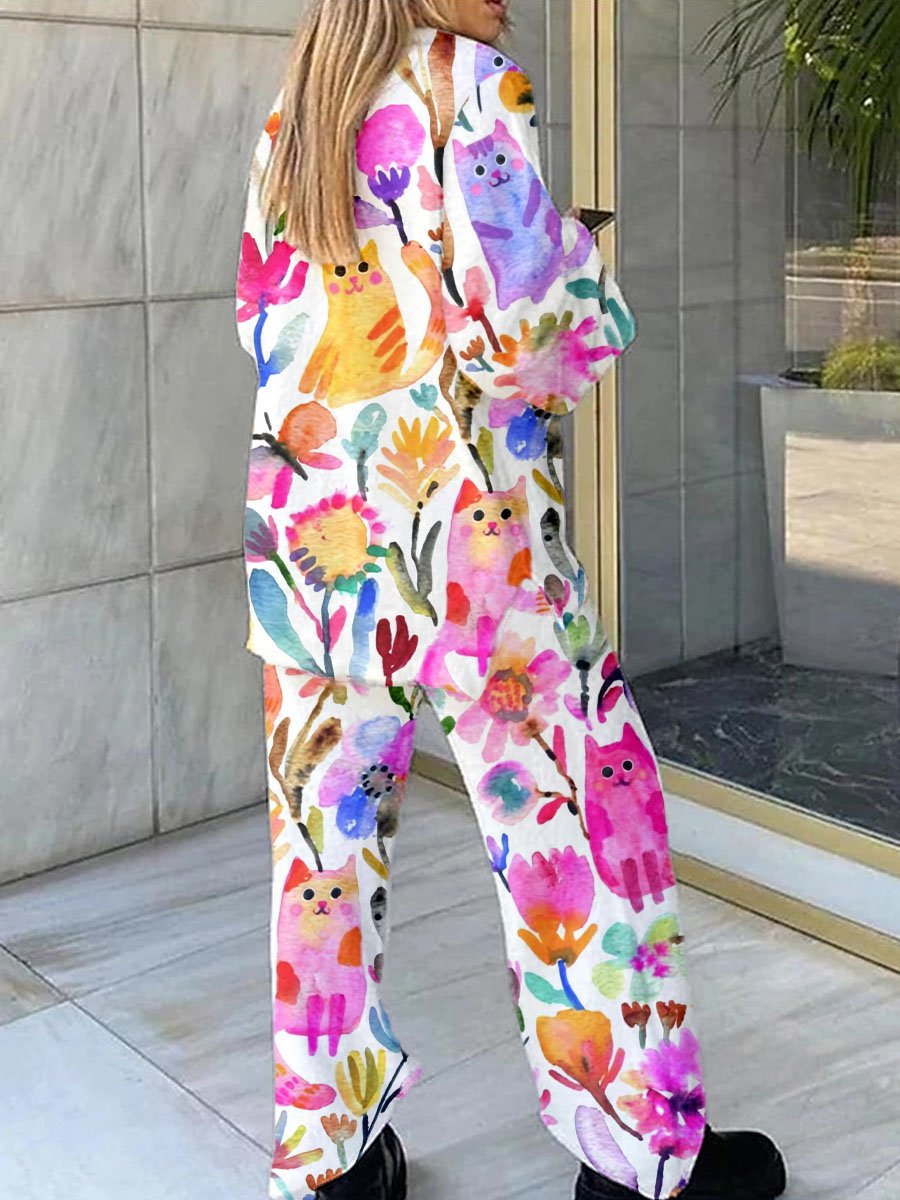 Women's Bright Watercolor Cat Floral Print Fleece Set
