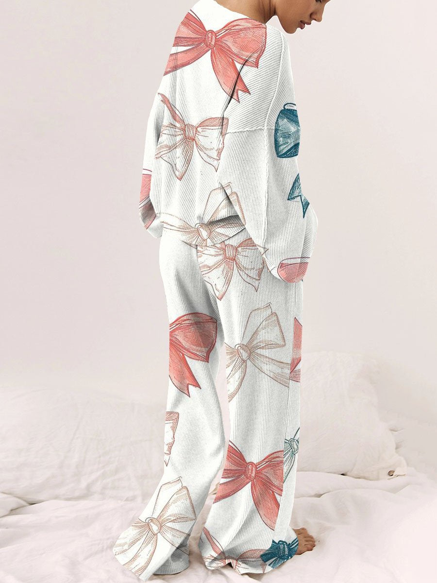 Women's Colorful Bow Pattern Long Sleeve Pants Set