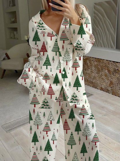 Women's Christmas Fun Christmas Tree Pattern Long Sleeve Pants Set