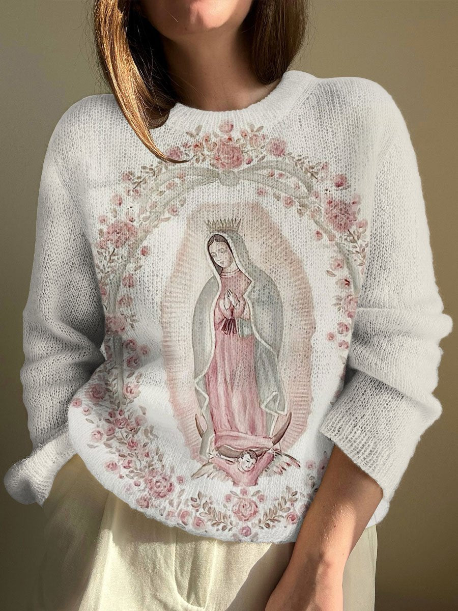 Women's Hand-Painted Madonna Pattern Long Sleeve Crewneck Sweater