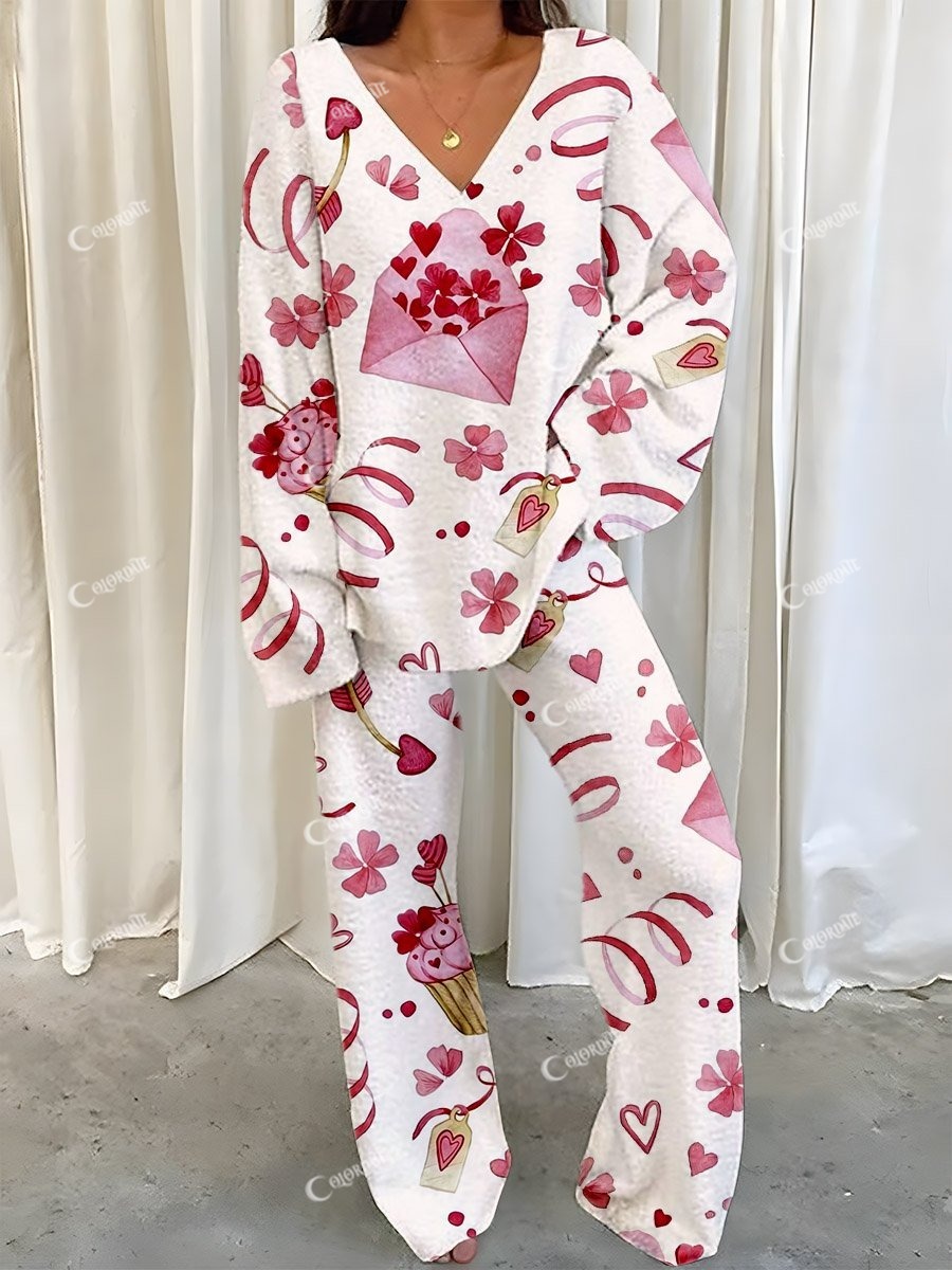 Women's Valentine's Day Envelope Floral Print Fleece Set