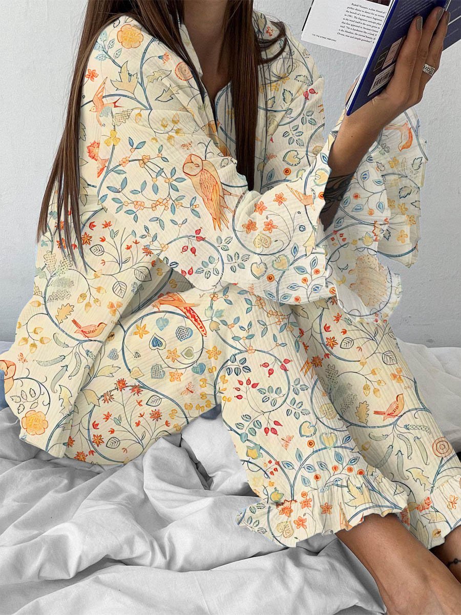 Women's Floral Bohemian Print Ruffle Loungewear Set