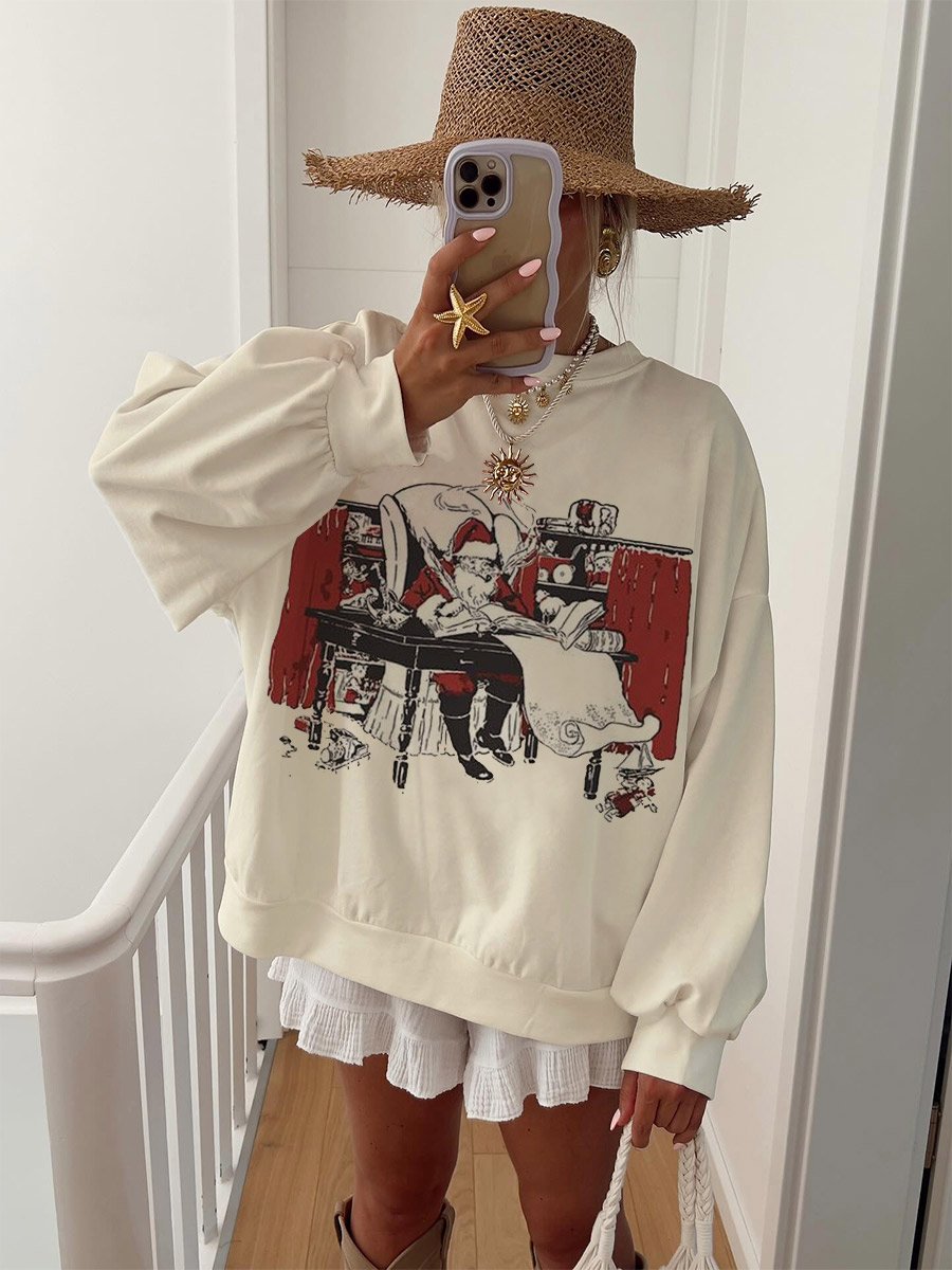 Women's Christmas Letter Writing Santa Claus Round Neck Long Sleeve Sweater