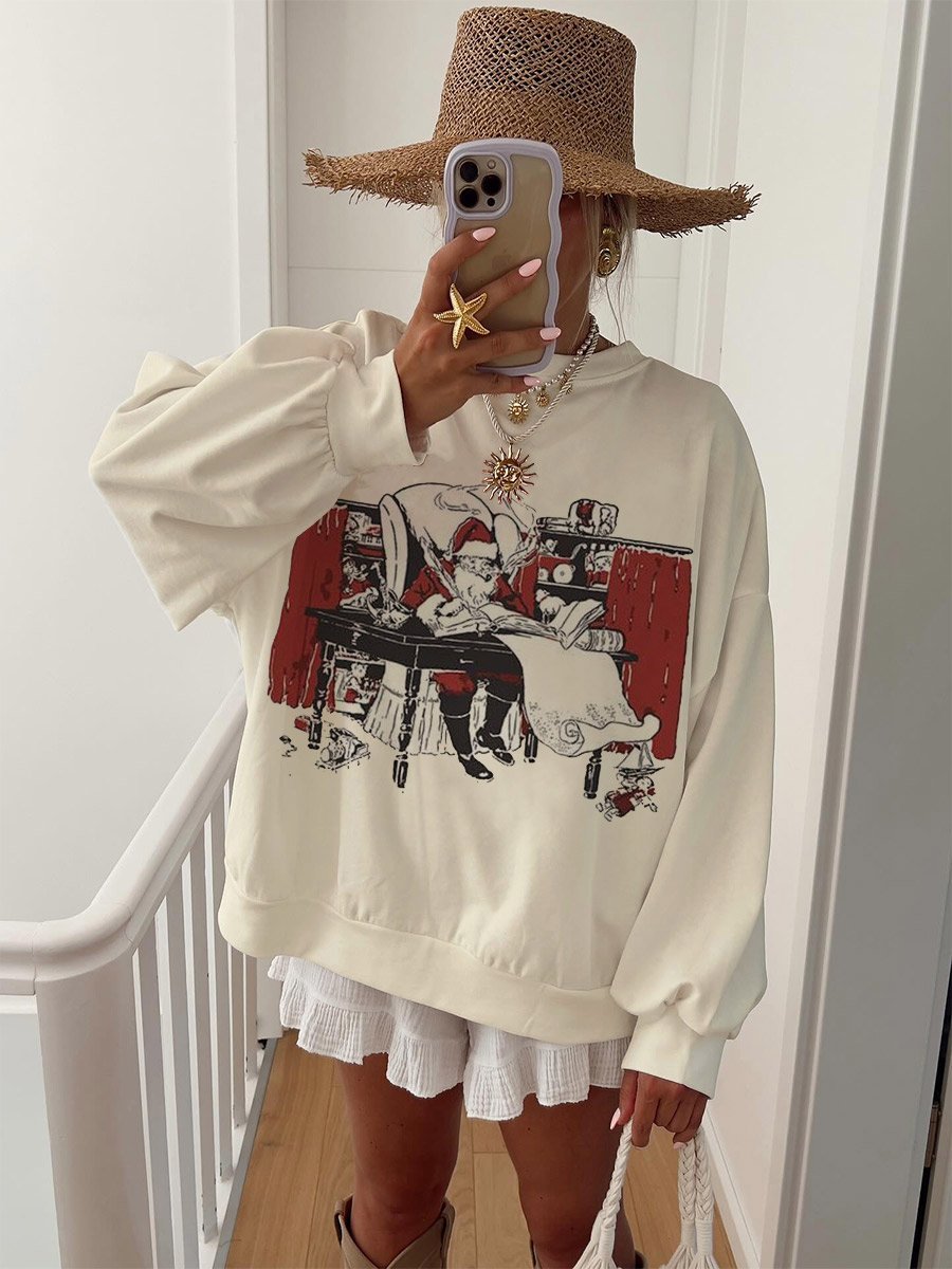 Women's Christmas Letter Writing Santa Claus Round Neck Long Sleeve Sw