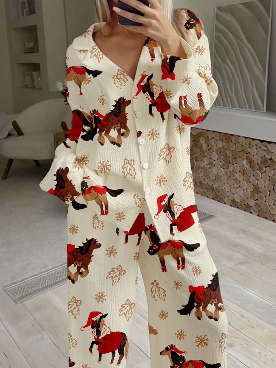 Women's Christmas Horse Bow Print Cardigan Homewear Set