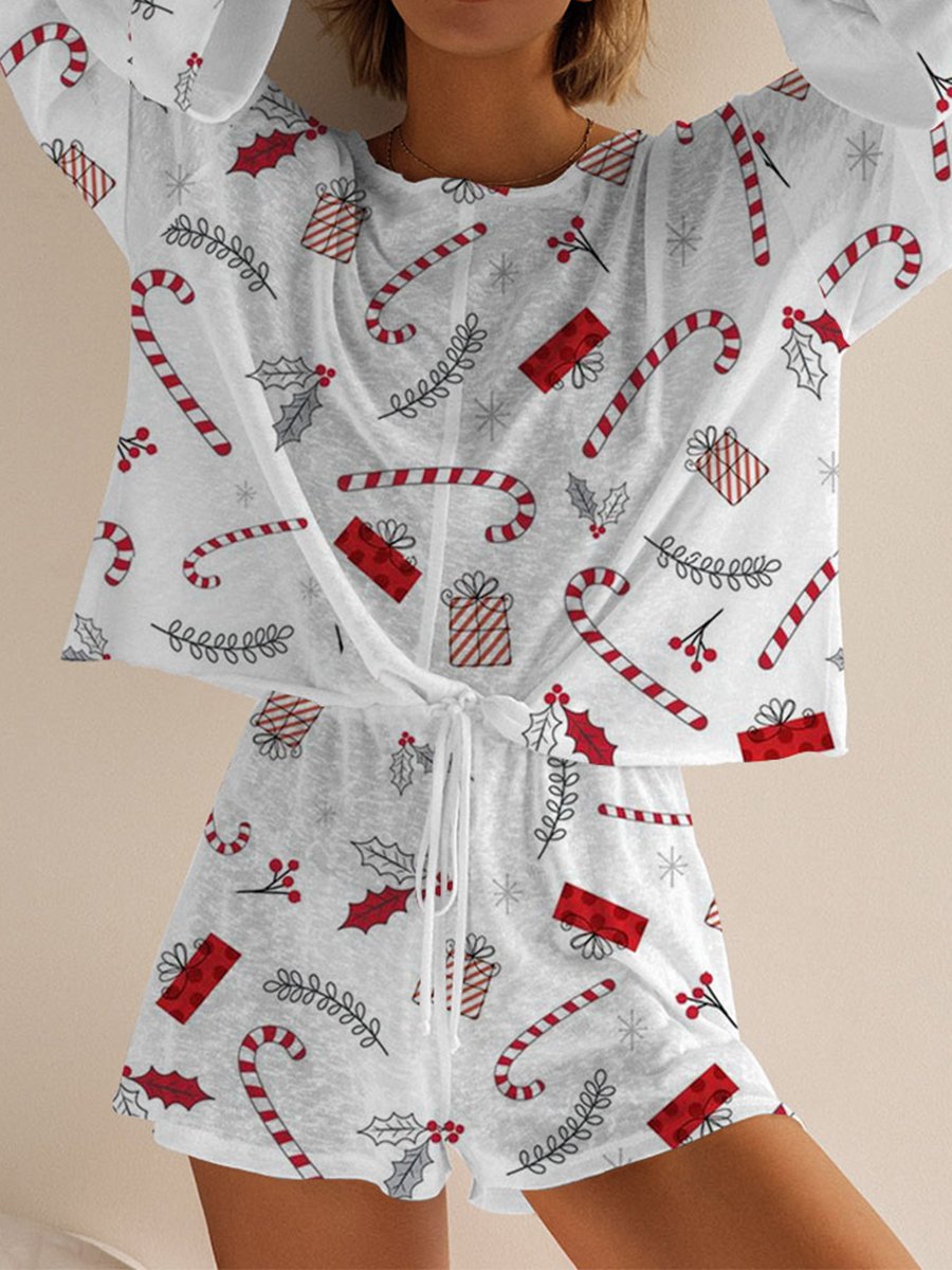 Women's Christmas Candy Cane Gift Box Pattern Long Sleeve Shorts Set
