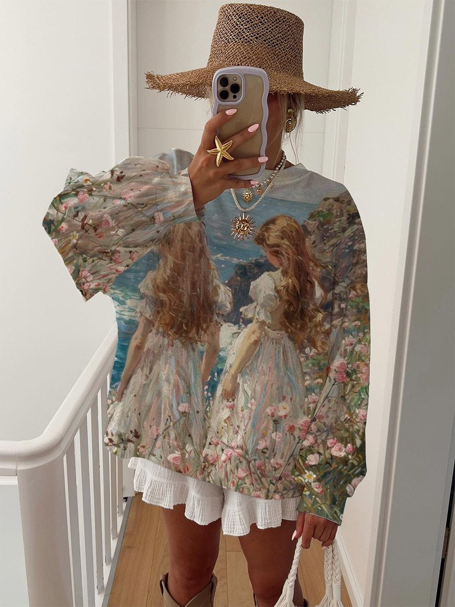 Ladies Classical Romantic Sisters Walking in Flowers Art Oil Painting Printed Sweater