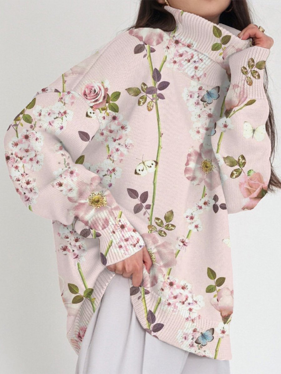 Women's Art Floral Print Lounge Turtleneck Sweater