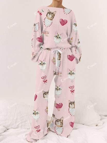 Women's Cat Heart Print Long Sleeve Linen Cotton Suit