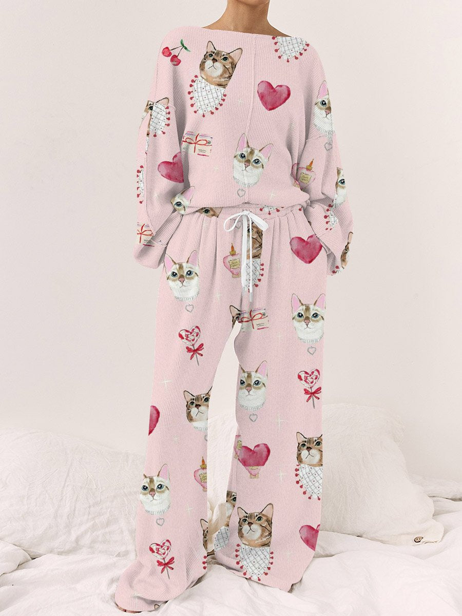 Women's Cat Heart Print Long Sleeve Linen Cotton Suit