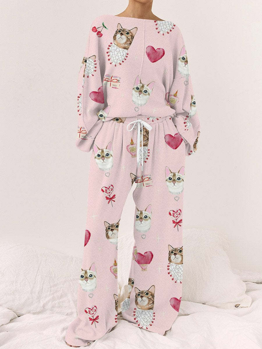 Women's Cat Heart Print Long Sleeve Linen Cotton Suit