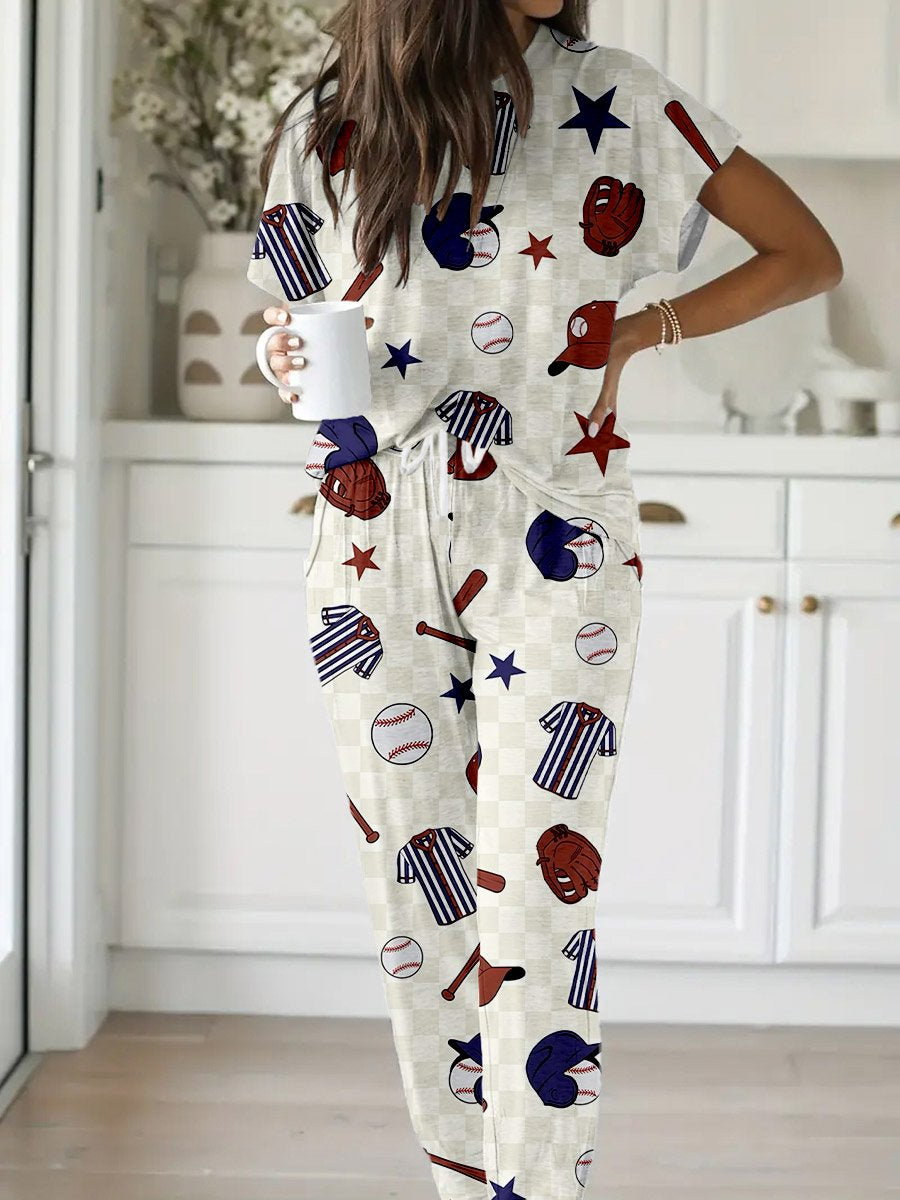 Women's Beige Baseball Plaid Print Short Sleeve Homewear Set