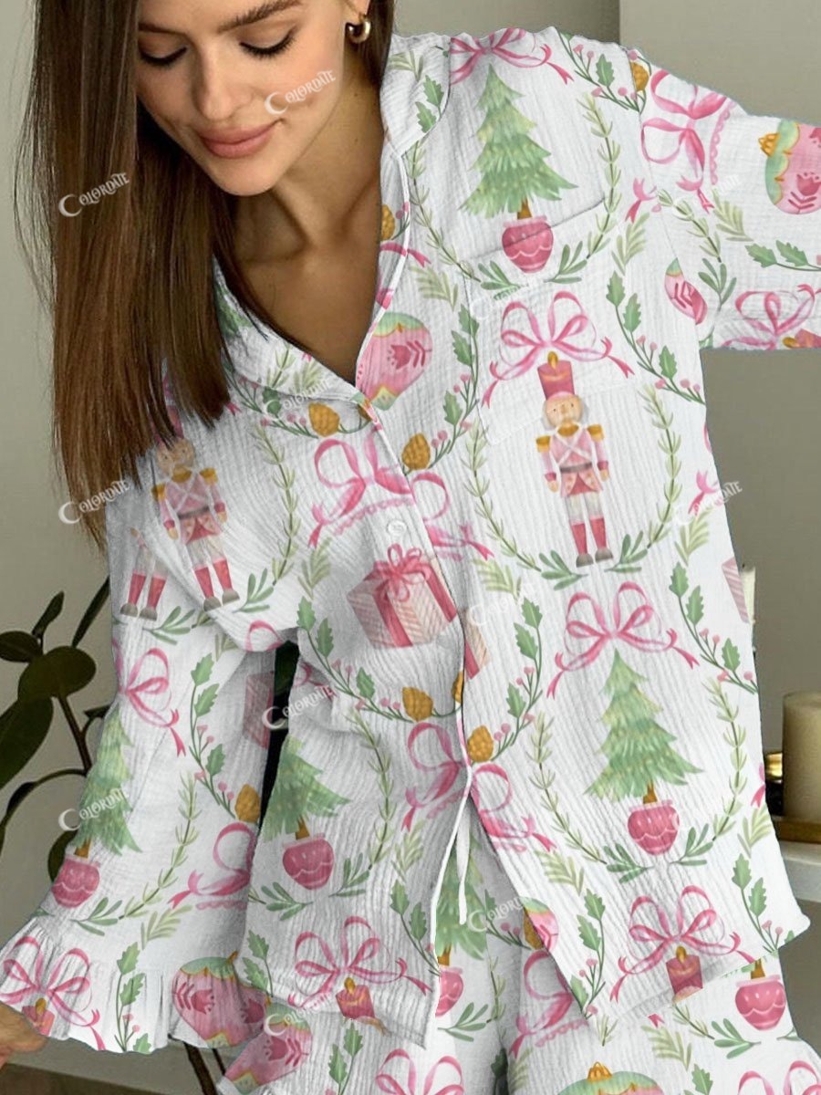 Women's Christmas Pink Bow Nutcracker Print Linen Cotton Suit
