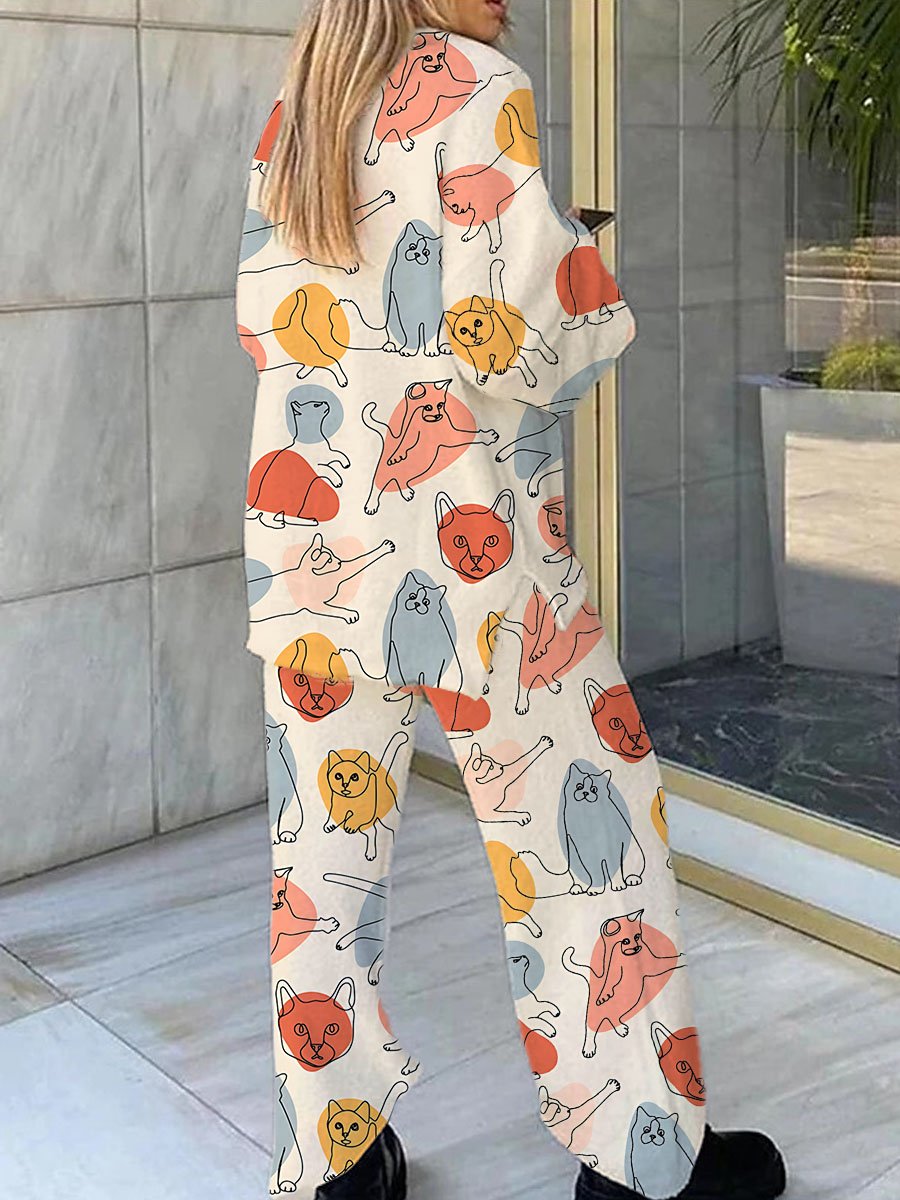 Women's Multicolor Cat Print V-Neck Suit